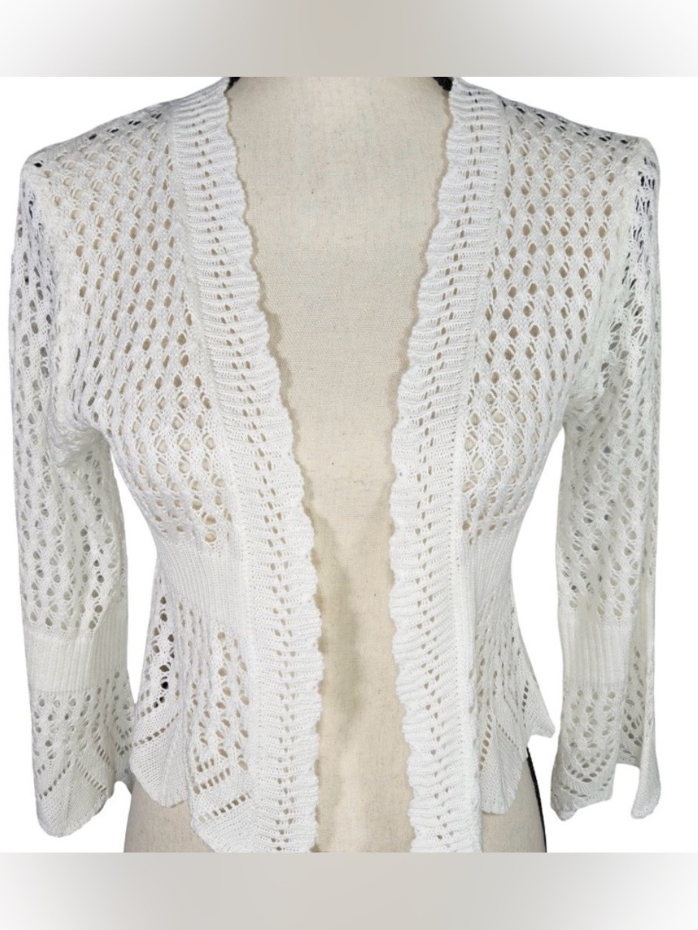 Sweet Kizz Open Front Cropped Knit Bell Sleeve Cardigan, Ivory, 3X